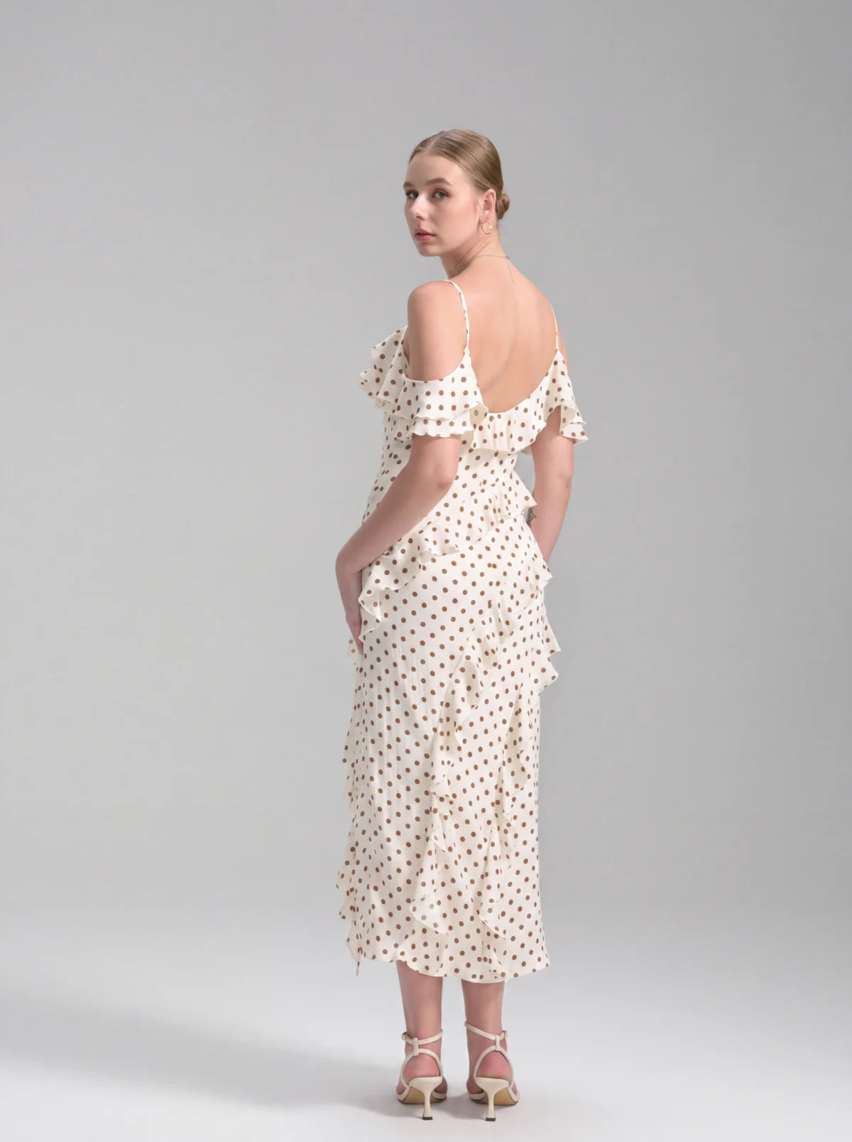 The Cascade Ruffle Polka Dot Midi Dress