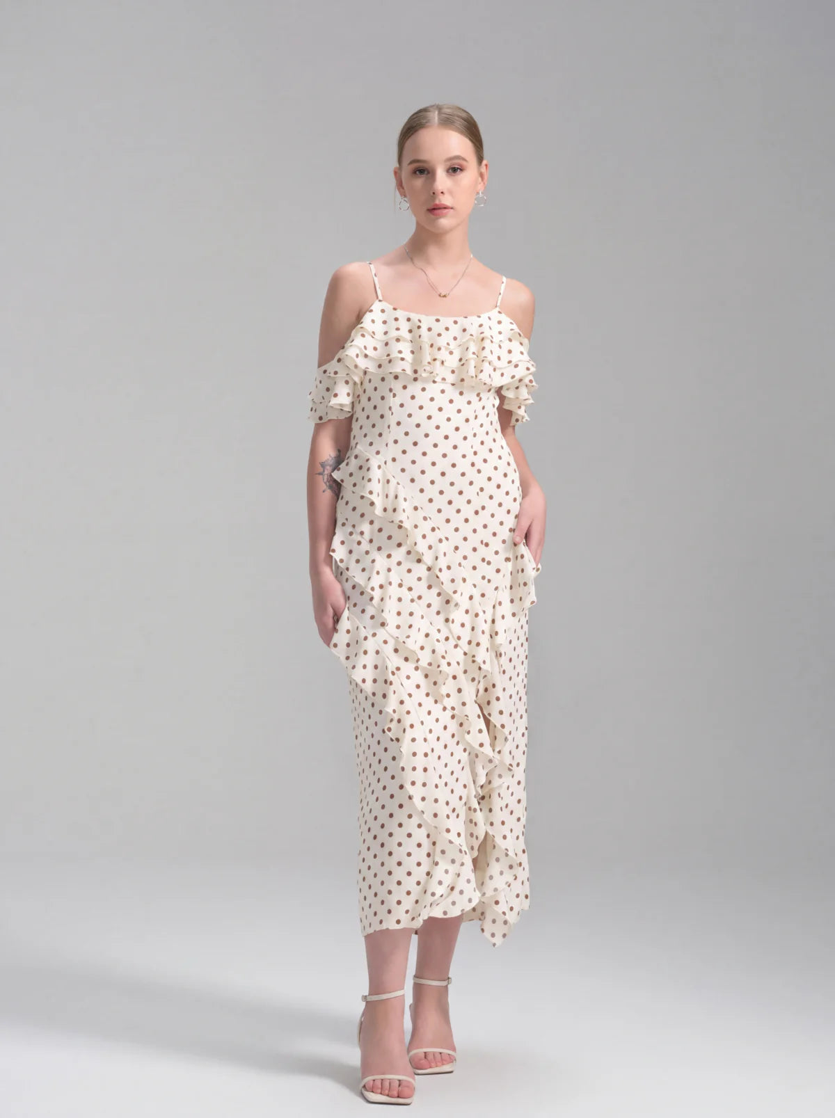 The Cascade Ruffle Polka Dot Midi Dress