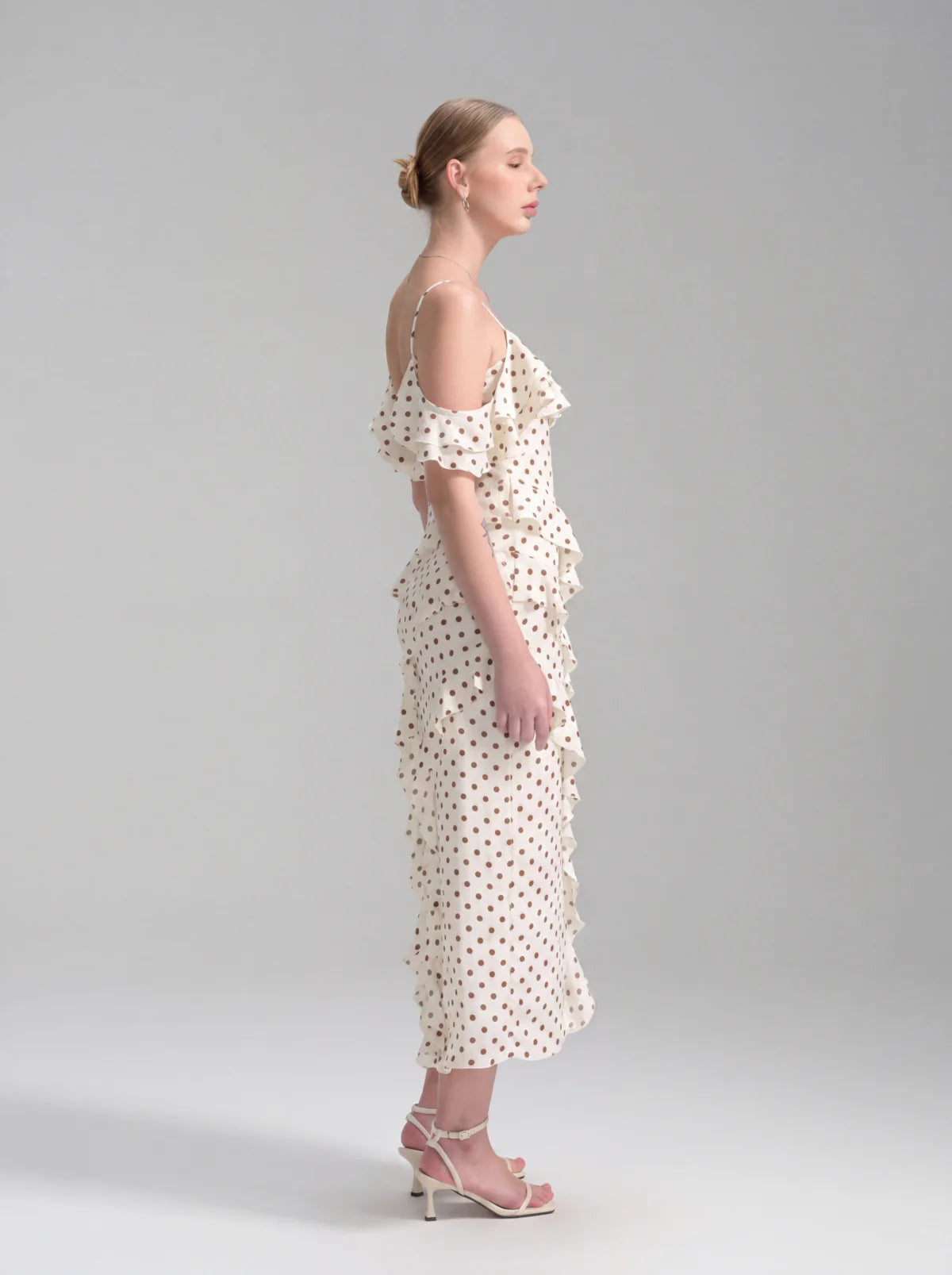 The Cascade Ruffle Polka Dot Midi Dress