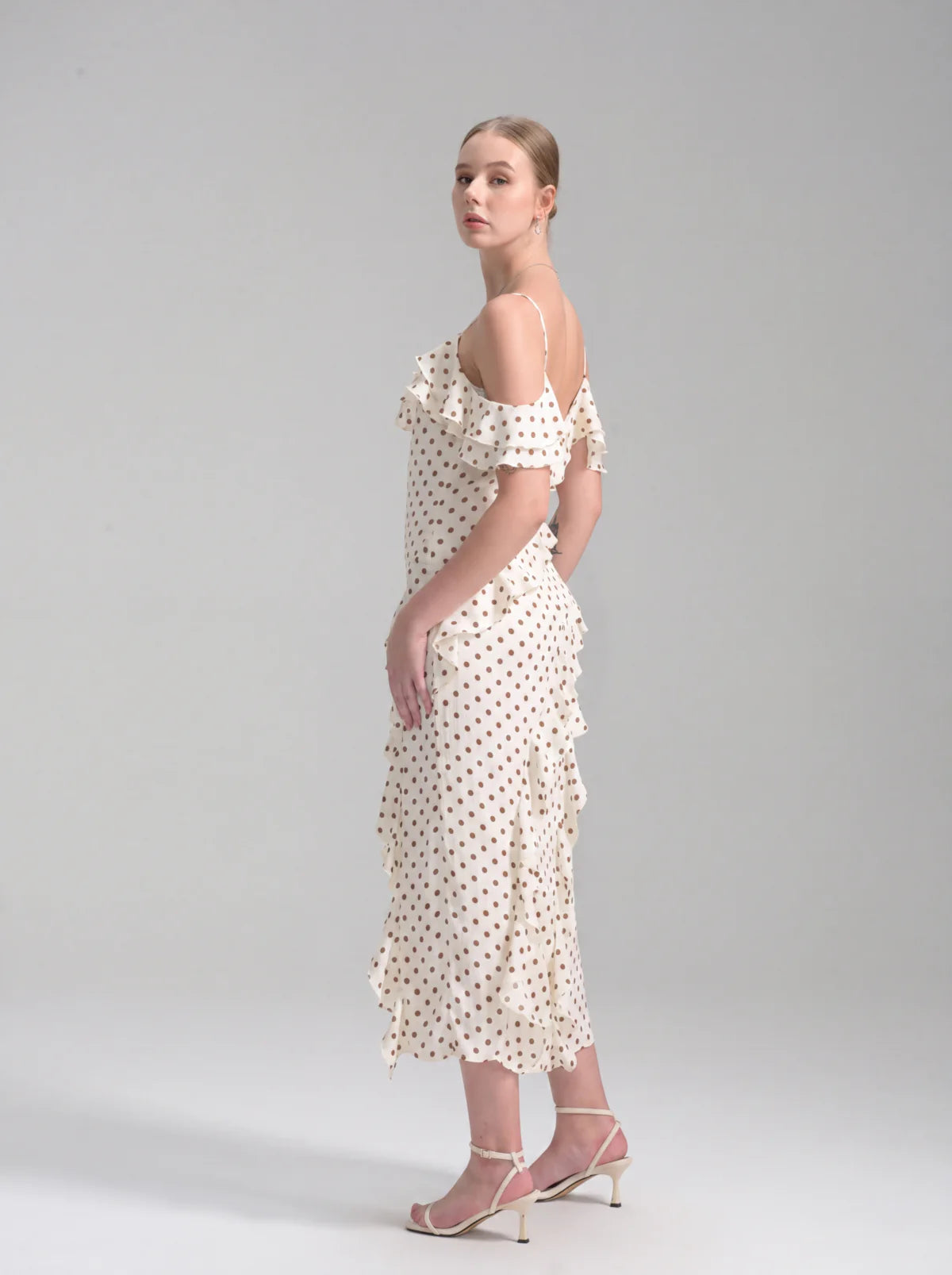 The Cascade Ruffle Polka Dot Midi Dress